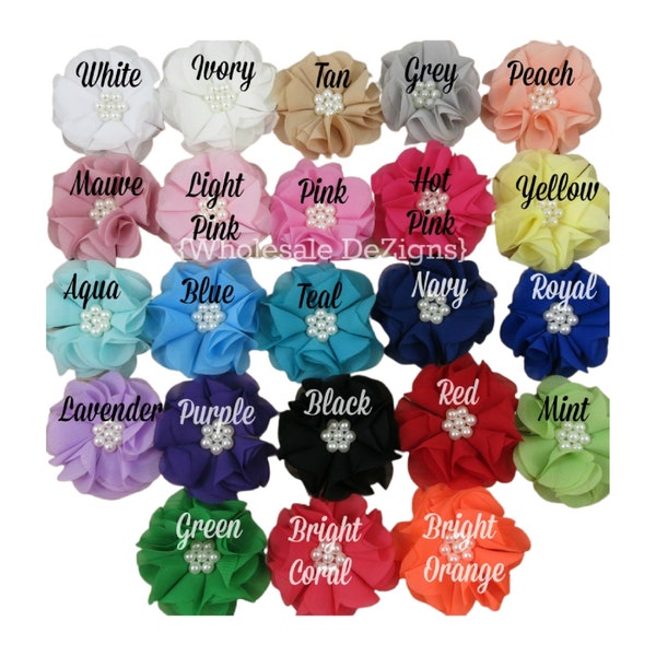 Solid Chiffon Layered Flower with Pearl Cluster Center -  Small - 2.5" - Light Pink, White, Ivory, Coral, Mint, Aqua, Peach, Mauve & More