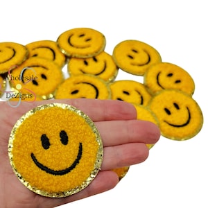 Yellow Smiley Face Chenille Appliques | Iron On Patch | Round Gold and Yellow Glitter Smile Faces |  Approximately 2&quot;