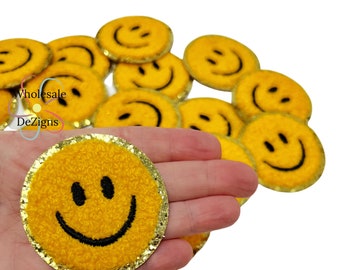 Yellow Smiley Face Chenille Appliques | Iron On Patch | Round Gold and Yellow Glitter Smile Faces |  Approximately 2"