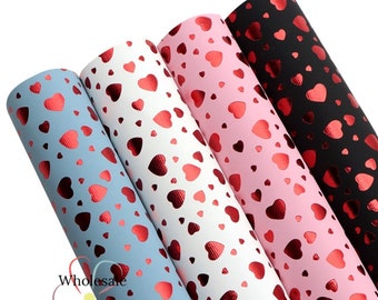 Metallic Hearts Faux Leather Sheets Valentines Pink Blue White Black with Red Heart Printed Sheet 8" x 13" Fabric DIY Bows Craft Material