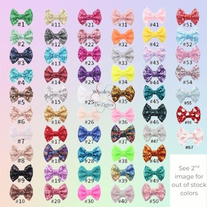 May include: A collection of 57 sequined bow hair accessories in various colors, including green, pink, and blue. Each bow is numbered for easy selection, with a note to see the second image for out-of-stock colors.
