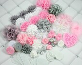 Pink & Grey DIY Kit - Baby Shower Headband Kit - Large Hair Bow Kit - Headband Station - Shabby Flowers - 18 Headbands - 61 Pieces