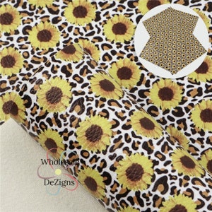 Animal Print Sunflower Leopard Cheetah Faux Litchi Leather Sheet, Floral Yellow Sun Flower Sheets, Leather Fabric for DIY Bow and Headband