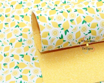 Lemons & Fine Yellow Glitter DOUBLE SIDED Bright Yellow Glitter and Faux Lemon Leather Sheet - Craft Sheets 8" x 13" Craft Fabric
