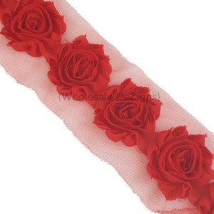 Petite Red Flowers, Red Chiffon Flowers by the Yard, Red Rosettes for Valentines Headbands, Red Roses for Christmas Crafts, 1.5&quot; Mini