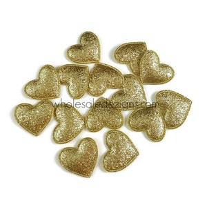Gold Glitter Heart Padded Appliques - Gold Fabric Back Puffy Embellishment 1.25" - Valentines Decoration - 5, 10, 20 pcs