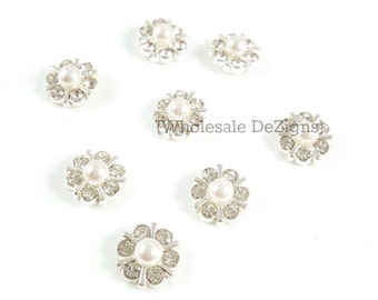 Silver Rhinestone and Pearl Round Embellishments - Small Clear Crystal 12mm Metal Base - Silver Toned - DIY Round Petite 12 mm