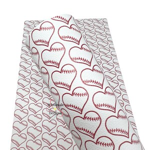 Baseball Heart Print Faux Litchi Leather Sheet Base Ball White Red Hearts Printed Vinyl Sheets 7.75&quot; x 13&quot; Fabric DIY Bows Craft Material