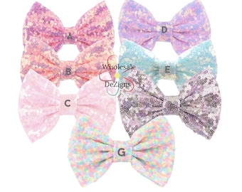 Sequin Bows 5 inches Shimmery Bows DIY No Clip - Headband Hair Bow - 5" Baby Pink Pastel Rainbow Aqua Peach - 1 Bow