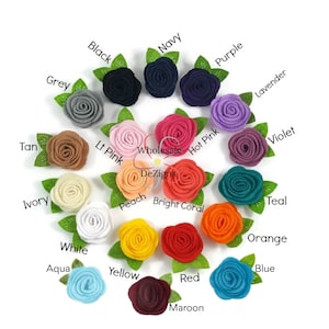 May include: A variety of felt flower embellishments in different colors, including tan, ivory, grey, white, aqua, black, navy, purple, hot pink, lavender, violet, light pink, peach, bright coral, red, maroon, teal, orange, blue, and yellow. The flowers are arranged in a circle with the color names written above each flower.