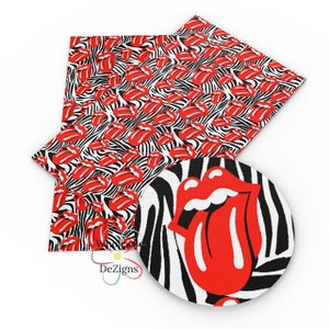 May include: A pattern of red lips on a black and white zebra stripe background. A circular design with a red lip logo is also shown. The design is repeated on a square piece of fabric.