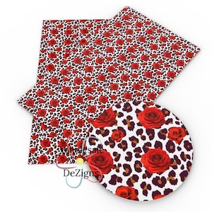 Animal Print Roses & Leopard Faux Leather Sheet Cheetah Red Rose Printed Sheets 8&quot; x 13.5&quot; Fabric DIY Bows Craft Material