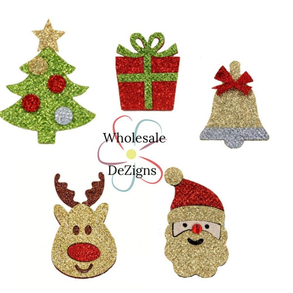 Christmas Glitter Appliques Glittery Tree Gift Present Bell Santa Claus Reindeer Padded Felt DIY Hair Clip Supplies - Your Choice - 2 pieces