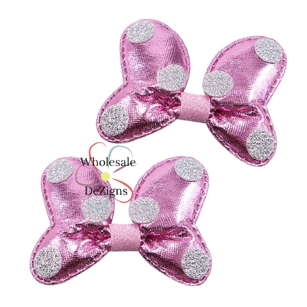 Pink Minnie Mouse Inspired Bows Metallic Appliques Light Pink with Black Dots Flat Back Padded Puffy Puff Bow Embellishment 2.5" - 2 pcs