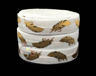 Gold Feather Elastic - FOE Fold Over Elastic - 5/8" White with Gold and Black Metallic Foil Print Headbands - Hair Ties - Craft Supplies