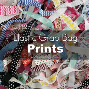 Printed FOE Grab Bag - Prints & Glitter Fold Over Elastic - 5/8" Foe Headbands - Hair Ties - Shiny Satin Elastic - Mystery Sampler