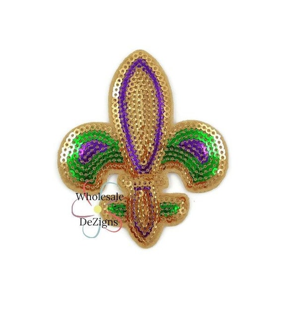 Fleur De Lis Applique Gold Purple Green Sequins Iron On Patch Etsy