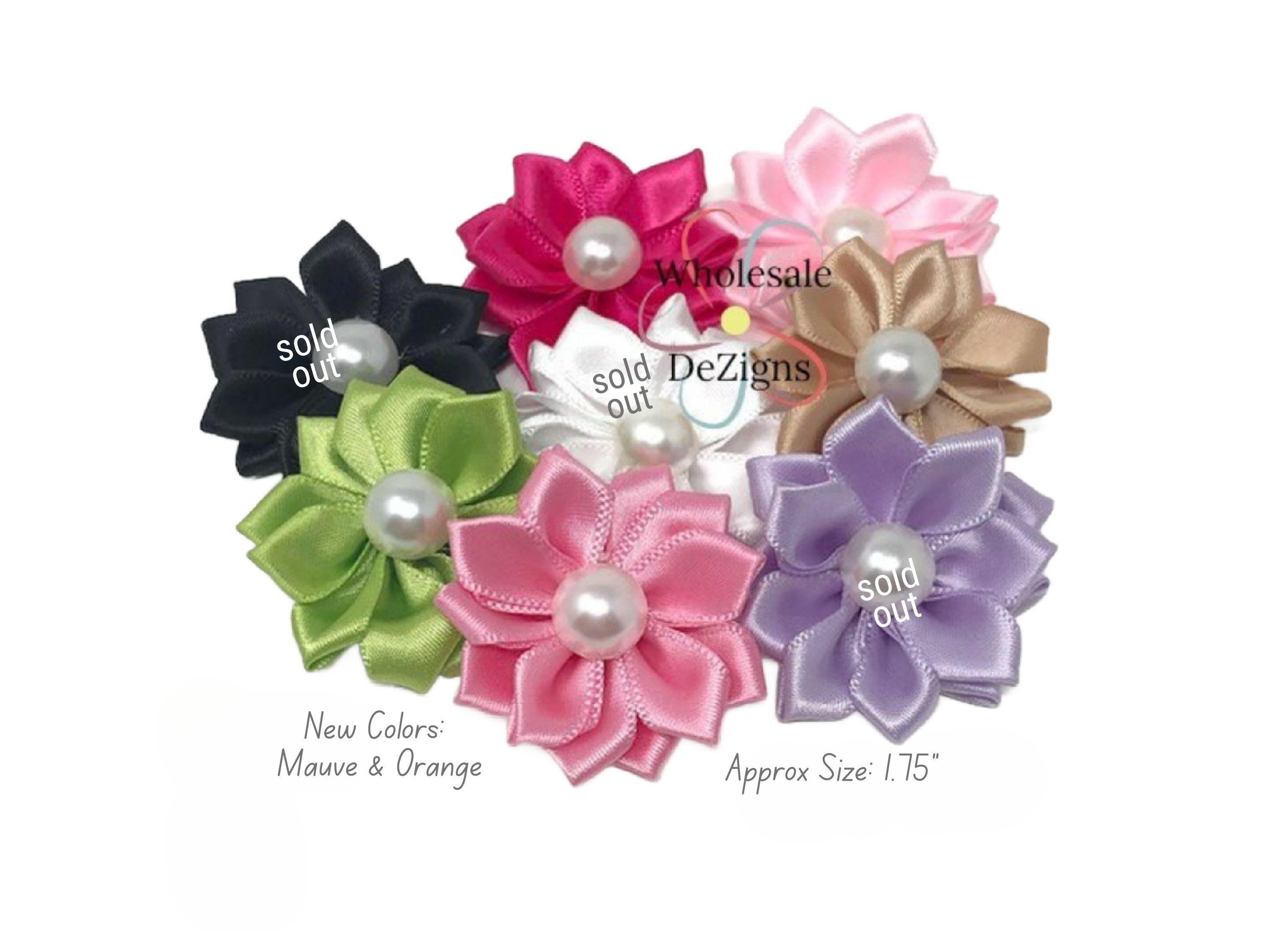 Satin Ribbon Flowers With Pearls, 1.75