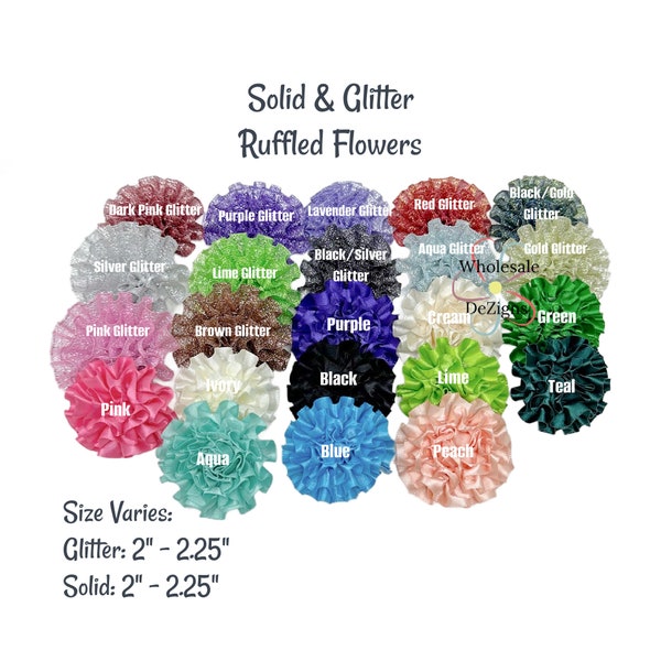 Ruffled Flowers Satin or Glitter 2 - 2.25" Inches Solid Ribbon Ruffled Roses Rose | Glittery and Solid Flowers | Ribbon Roses | Your Choice