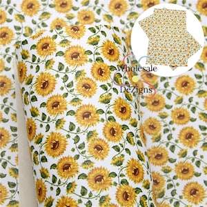 Sunflower Print Faux Litchi Leather Sheet Floral Yellow Sun Flower Printed Synthetic Vinyl Sheets 7.75&quot; x 13&quot; Fabric DIY Bows Craft Material