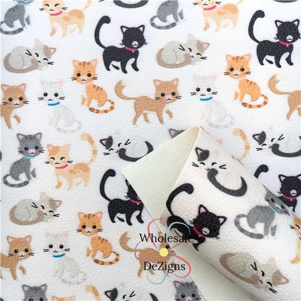 Cat Faux Litchi Grain Leather Sheet Kitty Black Grey Orange Brown White Printed Sheets 7.75" x 13" Fabric DIY Bows Craft Material