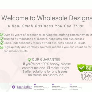 May include: A business information graphic titled Welcome to Wholesale Dezigns, A Real Small Business You Can Trust. It lists four bullet points with green checkmarks regarding experience, trust, location in Texas, and quality, plus a guarantee section.