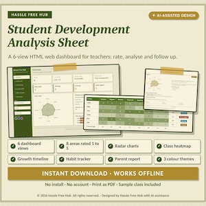 May include: A Student Development Analysis Sheet dashboard for teachers featuring six views, radar charts, a class heatmap, growth timeline, and habit tracker. The interface includes eight rating areas, three color themes, and is an instant download.