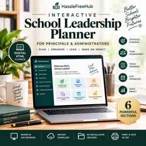May include: A digital HTML school leadership planner for principals and administrators displayed on a laptop screen. The interface features sections for strategic goals, staff meetings, and parent communication. Includes a mug with text.