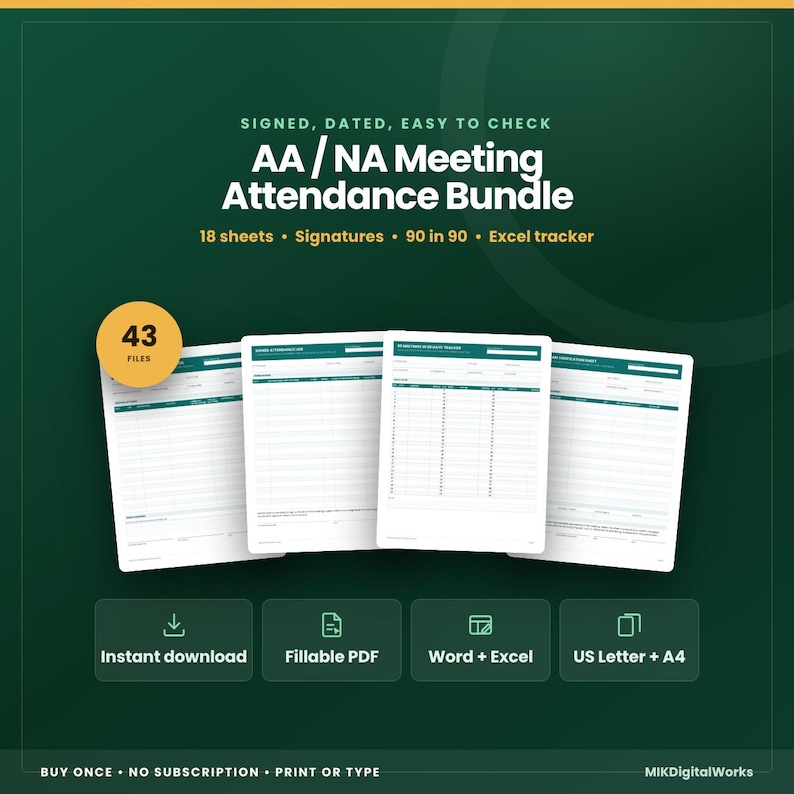 AA/NA Attendance Bundle, 18 Fillable Forms, Editable Word Templates ...