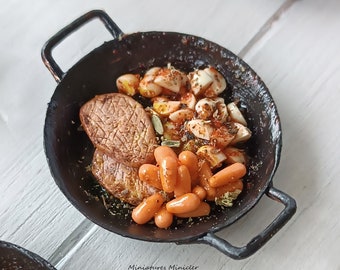 Dollhouse Miniature Of Pork, Carrot And Grenaille Potatoes In a Pan