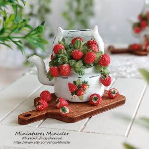 Dollhouse Miniature of Strawberries Arrangement in Tin Teapot