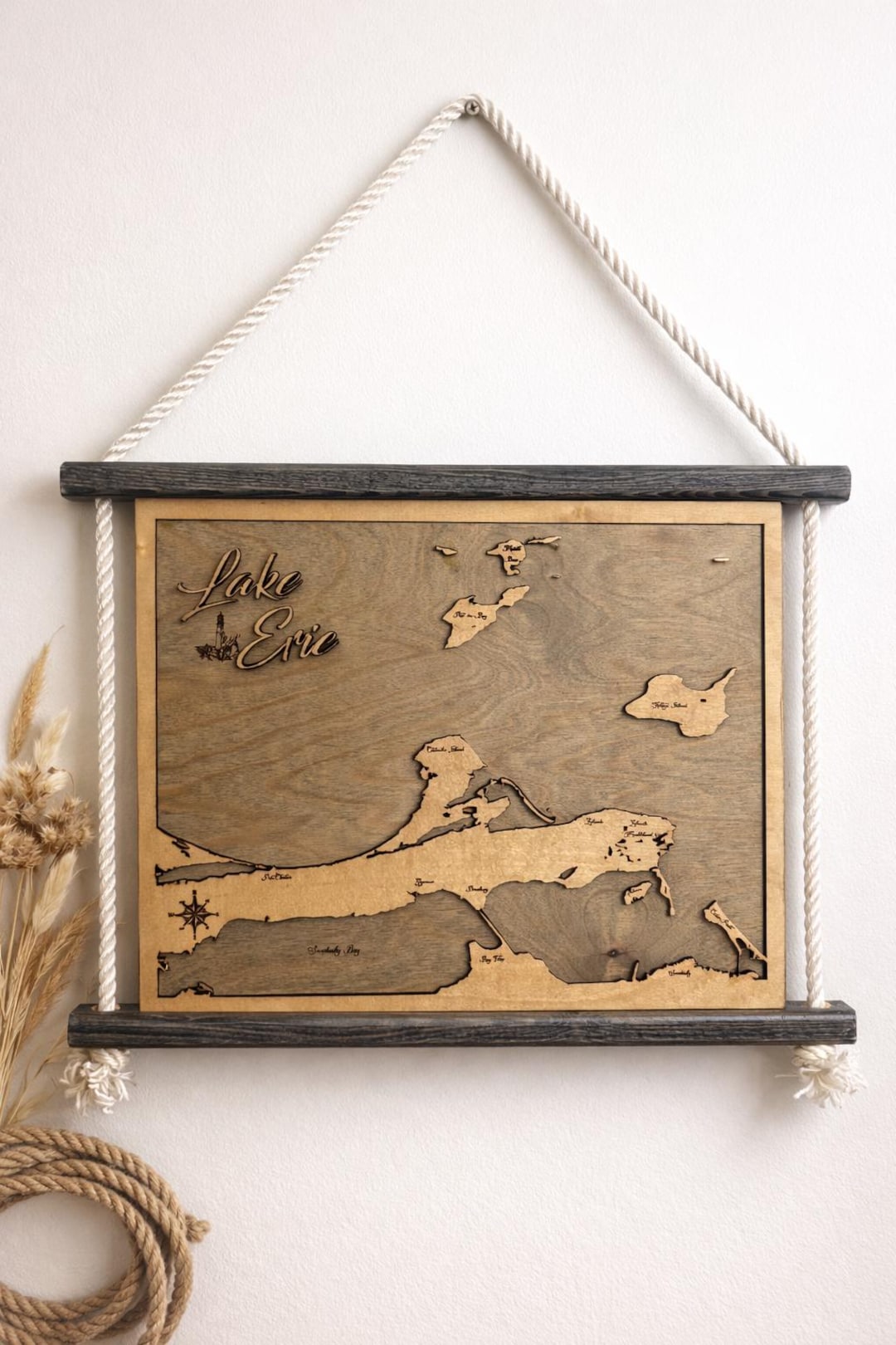 Lake Erie Wooden Map - Laser Cut Nautical Wall Art With Rope - Etsy