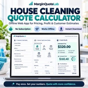 Puede incluir: Una pantalla de portátil que muestra la aplicación web MarginQuoteLab House Cleaning Quote Calculator. La interfaz presenta campos para datos del cliente, tipos de servicio, tamaño del hogar y resultados de presupuesto.