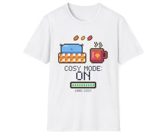 Camiseta con estampado "Modo acogedor activado", camiseta de otoño con diseño de pixel art y manta.