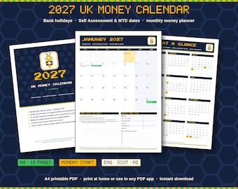 Puede incluir: Un calendario financiero 2027 para el Reino Unido con un logotipo de abeja pixelado. El conjunto incluye una portada, una vista mensual de enero de 2027 con secciones de seguimiento financiero y un resumen anual. El diseño utiliza tonos azul oscuro, amarillo y blanco con texto que detalla los días festivos y las fechas límite fiscales.