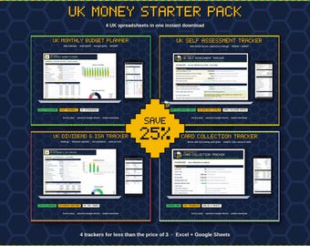 Puede incluir: Un paquete digital titulado UK MONEY STARTER PACK que incluye cuatro hojas de cálculo: UK Monthly Budget Planner, UK Self Assessment Tracker, UK Dividend & ISA Tracker y Card Collection Tracker, mostradas en pantallas de ordenador y móvil.