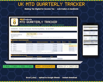 Puede incluir: Una hoja de cálculo digital UK MTD Quarterly Tracker mostrada en la pantalla de un portátil y un teléfono inteligente. La interfaz incluye un panel para el año fiscal 2026/27, plazos de actualización trimestrales, ingresos y categorías HMRC.