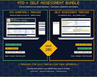 Puede incluir: Un paquete digital de seguimiento fiscal MTD y autoevaluación con dos interfaces de hoja de cálculo en portátiles y dispositivos móviles. El gráfico incluye etiquetas de texto para plazos trimestrales y categorías.