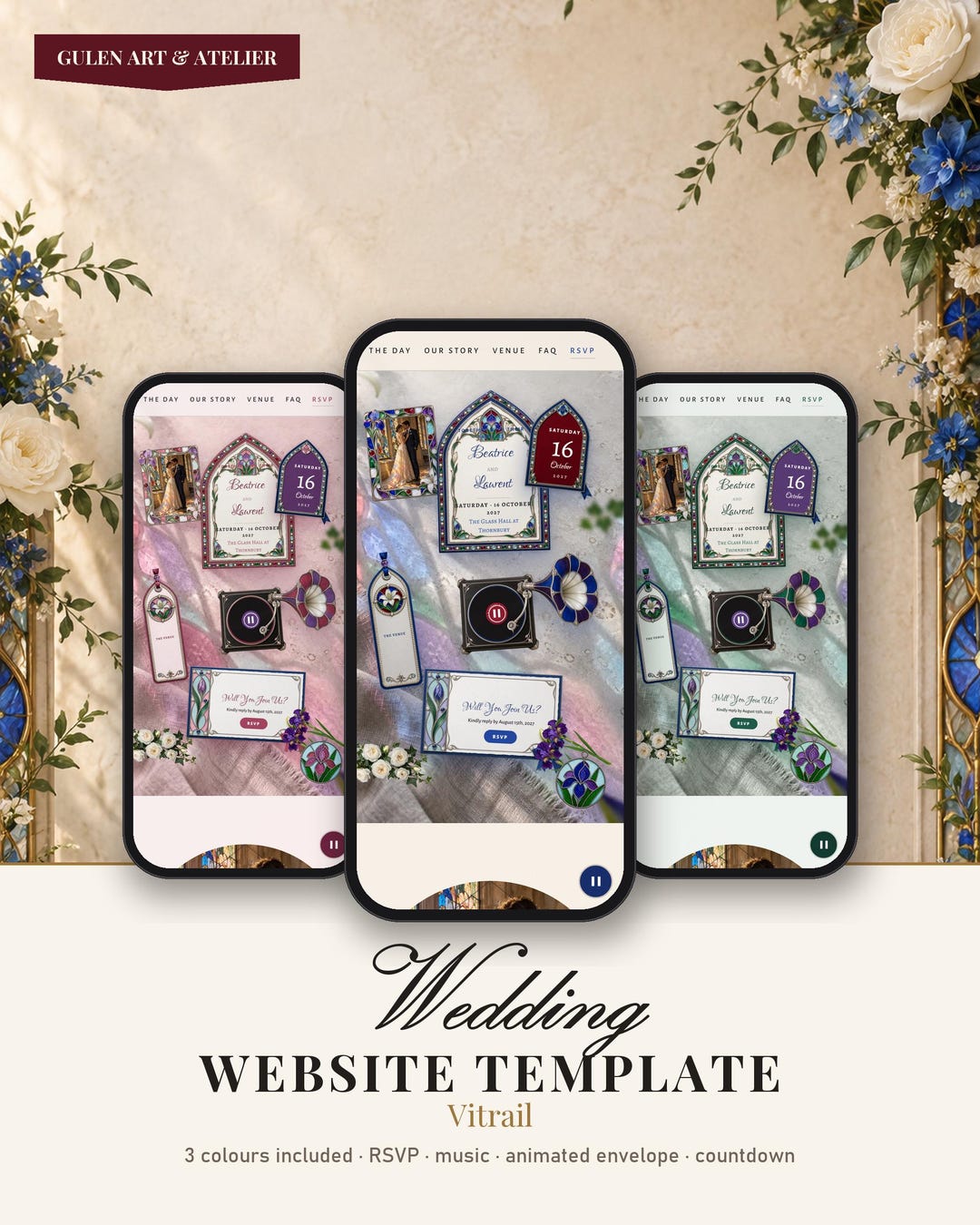 Stained Glass Wedding Website Template With RSVP, Animated Envelope, 3 ...
