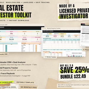Real Estate Investor Toolkit, Buy All 3 Save 25%, Wholesaler CRM, Rental Property Tracker, Skip Trace Playbook by Licensed PI, Google Sheets