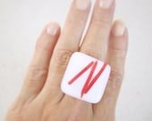 Square Modern Cocktail Ring - Geometric -  White with Red lines Inclusions