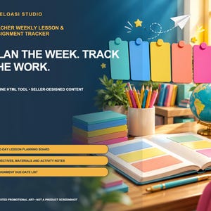 Op de afbeelding: Een digitaal hulpmiddel voor wekelijkse les- en opdrachtenplanning voor docenten met de tekst Plan the Week. Track the Work. De lay-out bevat vijf kleurrijke rechthoekige tabbladen, een stapel notitieboekjes, een pennenhouder en een open planner.
