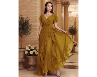 Mustard Gold Evening Gown – Elegant Ruffle Maxi Dress for Women