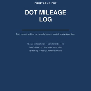 Truck Driver DOT Mileage Log Printable, CDL Daily Log Book PDF, Loaded Empty Miles Tracker, Per Diem Log, Owner Operator Planner