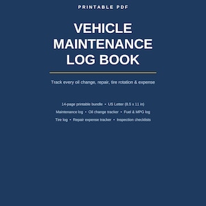 Puede incluir: Un libro de registro de mantenimiento de vehículos en PDF imprimible con fondo azul oscuro y detalles dorados. El texto dice: PRINTABLE PDF, VEHICLE MAINTENANCE LOG BOOK, Track every oil change, repair, tire rotation & expense, 14-page printable bundle, US Letter (21,59 x 27,94 cm).