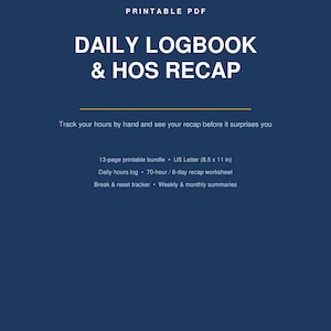 Truck Driver Daily Logbook Printable, CDL Hours of Service Recap, HOS Tracker PDF, 70 Hour Recap Worksheet, Owner Operator Planner