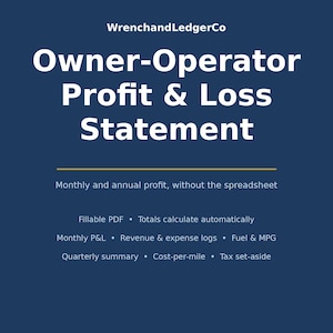 May include: A dark blue digital document titled WrenchandLedgerCo Owner-Operator Profit & Loss Statement. It features sections for monthly and annual profit, revenue and expense logs, fuel and MPG tracking, quarterly summaries, cost-per-mile, and tax set-aside calculations in a fillable PDF format.