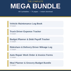 May include: A digital document bundle titled WRENCHANDLEDGERCO THE COMPLETE MEGA BUNDLE, containing 6 printable items totaling 75 pages. It lists a Vehicle Maintenance Log Book, Truck Driver Expense Tracker, Budget Planner, Mileage Log, and more.