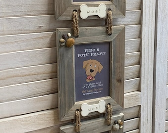 Triple hanging photo frame, portrait orientation, dog themed with bones and paw prints