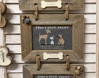 Triple hanging picture frame, driftwood, dog themed with bones and paw prints